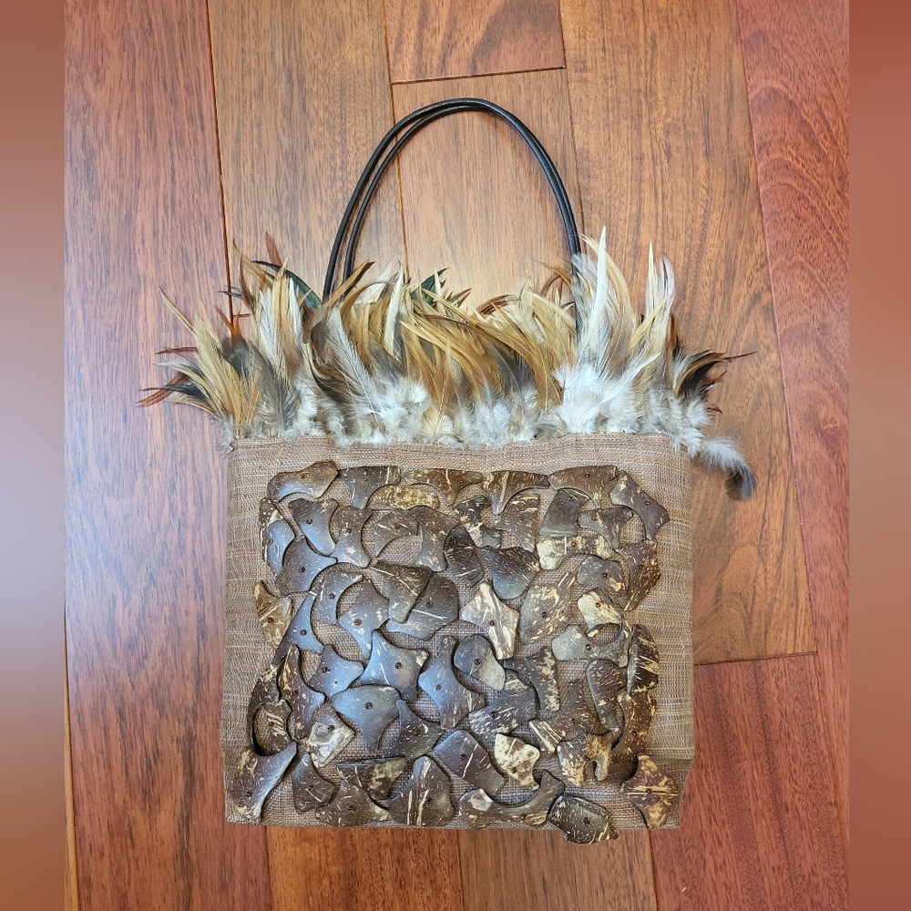 Raffia , Feather and Coconut shell Purse